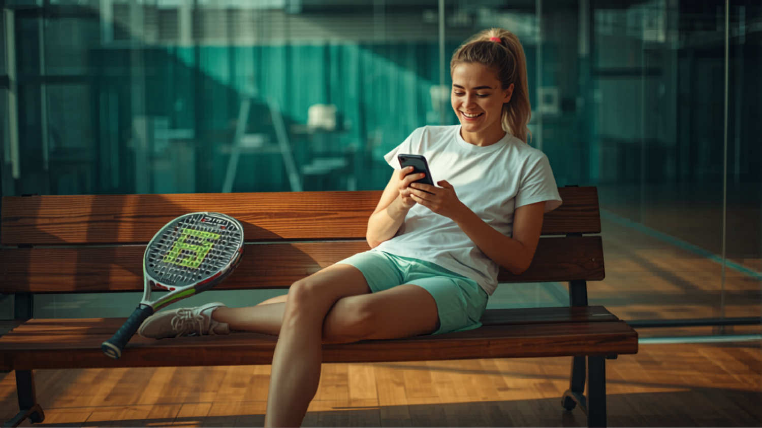 Padelspeler bekijkt na de wedstrijd hoogtepunten op een smartphone